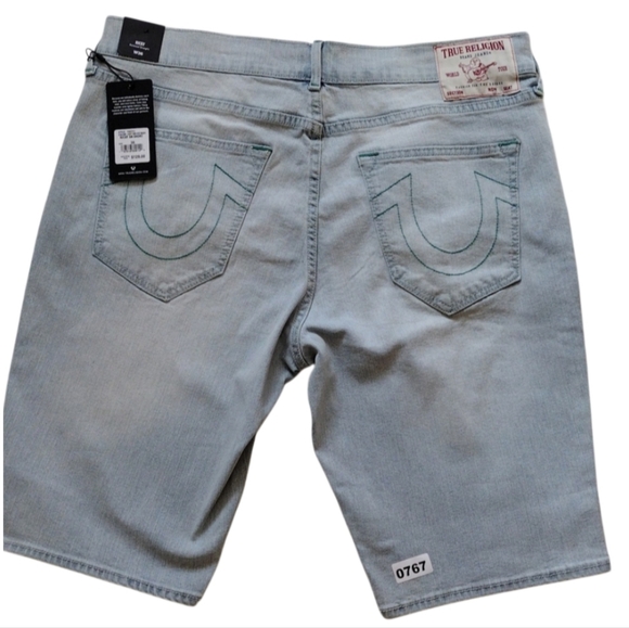 True Religion Ricky Relaxed Straight Shorts Men 36 Blue Denim Green Stitching - Picture 1 of 9